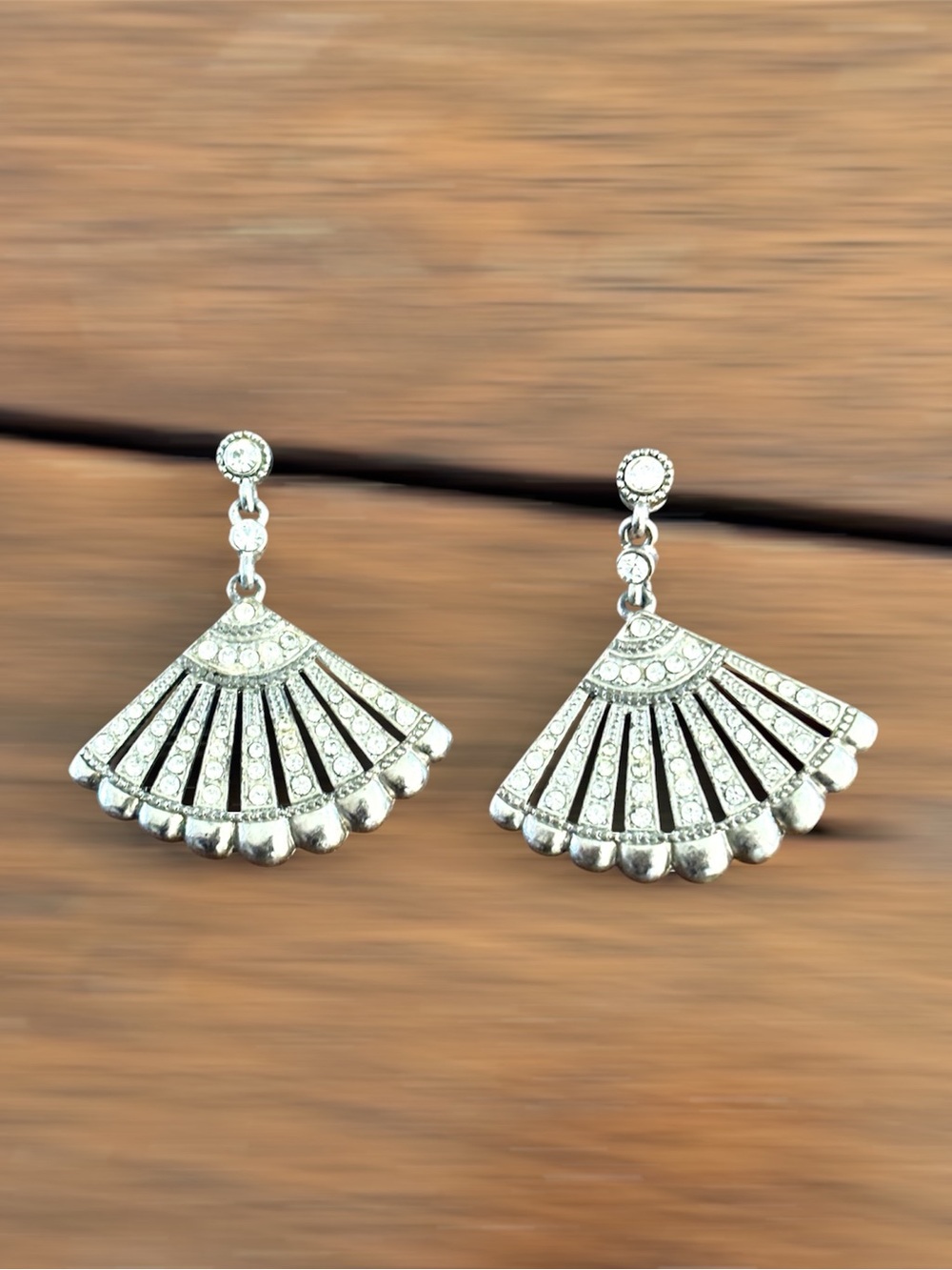 Silver Rhinestone Fan Shaped Pierced Earrings
